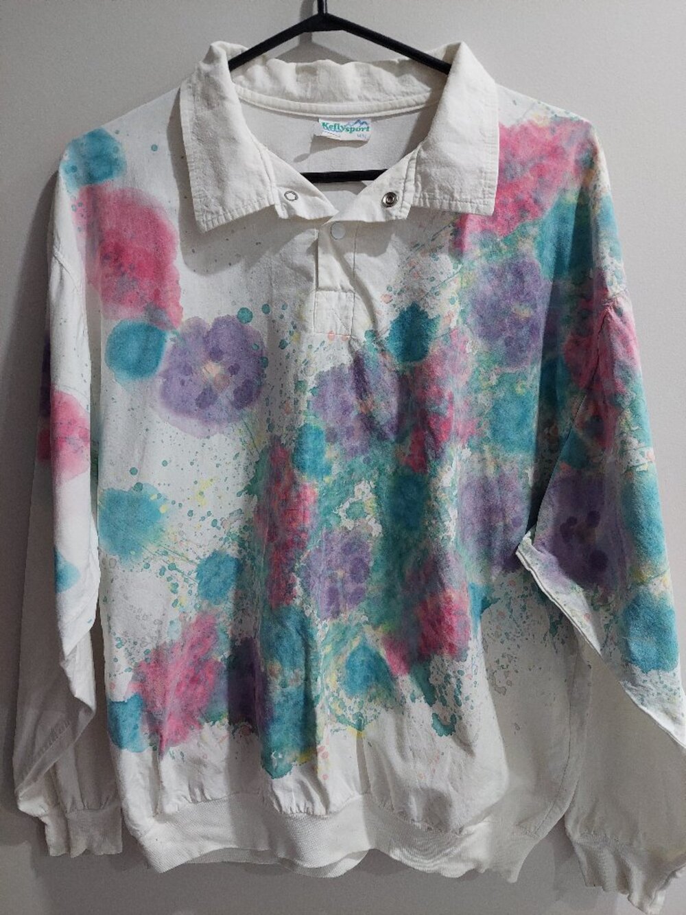 Vintage Kellysport Women's M Long-sleeve Polo Shirt Watercolor Floral Cotton